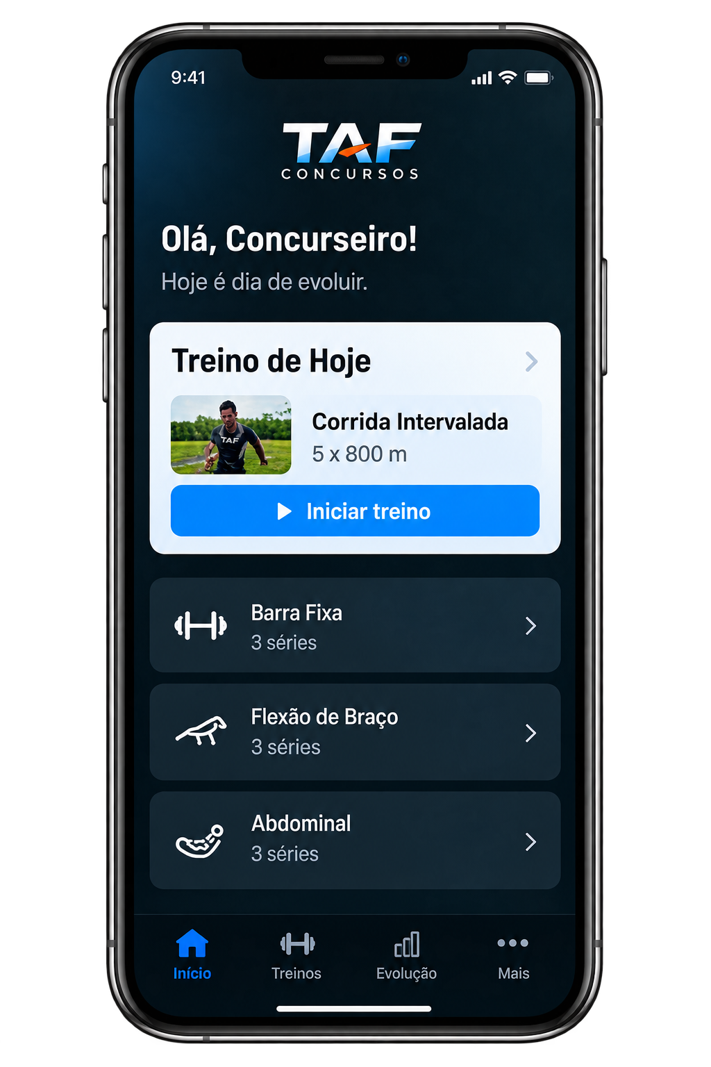 Tela principal do aplicativo TAF Concursos com treino de hoje e exercícios