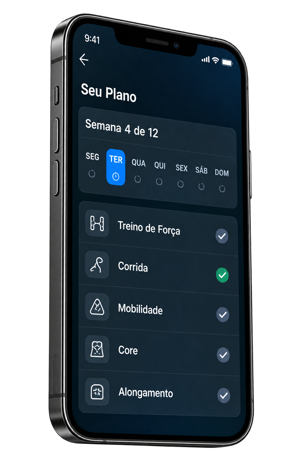 Plano semanal de treino de força, corrida e mobilidade
